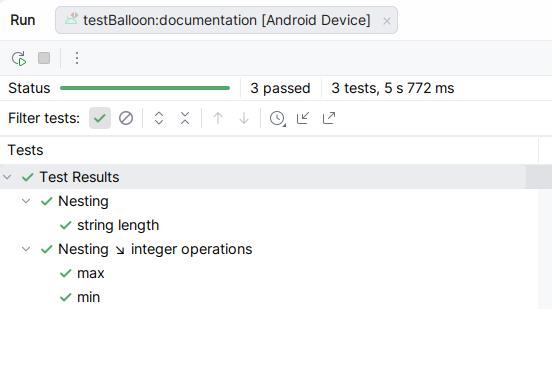 TestBalloon example test run – Android Device