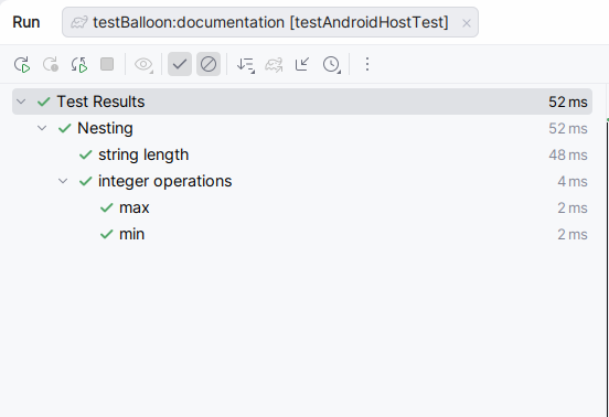 TestBalloon example test run – Android Local